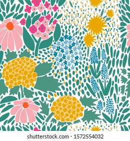 Beautiful hand drawn pattern with flowers and leaves. Seamless pattern. 