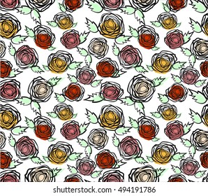 Beautiful hand drawn pattern with roses. Vector seamless floral texture. Floral pattern with roses.