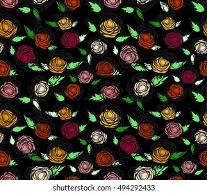 Beautiful hand drawn pattern with roses. Vector seamless floral texture. Floral pattern with roses.