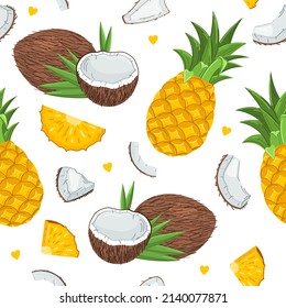 Beautiful hand drawn pattern with tropical palm leaves, coconuts, pineapples. Seamless vector pattern, summer background. Wallpaper, print, wrapping paper, modern design, banner, poster.