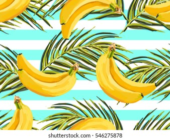  Beautiful hand drawn pattern with tropical palm leaves, bananas. Seamless vector floral pattern, summer background.