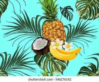  Beautiful hand drawn pattern with tropical palm leaves, bananas, coconuts, pineapples, flowers. Seamless vector floral pattern, summer background.