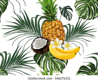  Hermoso patrón dibujado a mano con hojas de palma tropicales, bananas, cocos, piñas, flores. Patrón floral vectorial, fondo de verano.