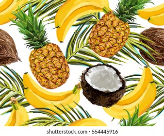  Beautiful hand drawn pattern with tropical palm leaves, bananas, coconuts, pineapples. Seamless vector pattern, summer background.