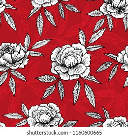 Beautiful hand drawn peony seamless pattern. Textile and wrapping, wallpaper, garment texture feminine design template. Vector illustration.