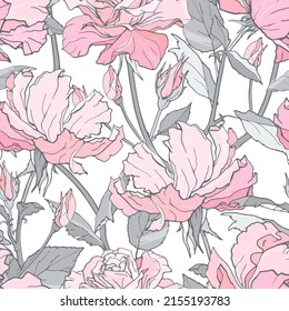 Hermosas rosas rosadas dibujadas a mano con hojas grises. Patrón floral sin foco. Ilustración vectorial.