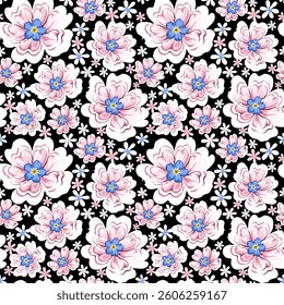 Beautiful hand drawn pink and white floral pattern on black background designed for fabric, fashion, textile, wallpaper, gift wrapping paper.