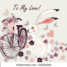 Beautiful hand drawn postcard with cute rabbit bicycle and field of flowers to my love card can be used hove valentines day greeting background