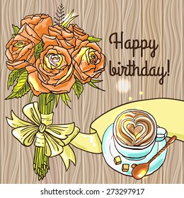 beautiful hand drawn postcard happy birthday with roses