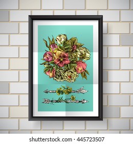 Beautiful hand drawn poster boho flowers. Decorative floral illustration with roses.