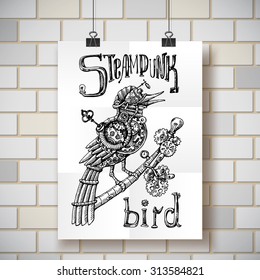 Beautiful hand drawn poster- mechanical bird. Steampunk style.