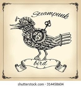 Beautiful hand drawn poster- mechanical bird. Steampunk style.