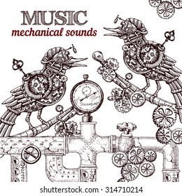 Beautiful hand drawn poster- mechanical bird. Steampunk style.