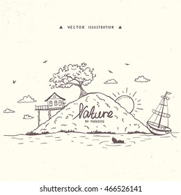 Wunderschönes handgezeichnetes Poster mit Blick auf die Insel mit Heim und Schiff. Vektorillustration, Skizze.