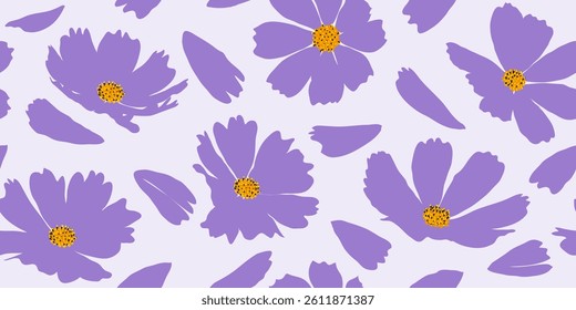Beautiful hand drawn purple cosmos flower seamless pattern. Exotic floral pattern design for fabric, textiles, clothing, wrapping, cover, decor, backgrounds.