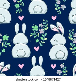 Beautiful hand drawn rabbits with flowers and hearts on a dark blue background. Cartoon character cute hare print for childish textiles. Floral ornament design print. Vector stock backdrop.