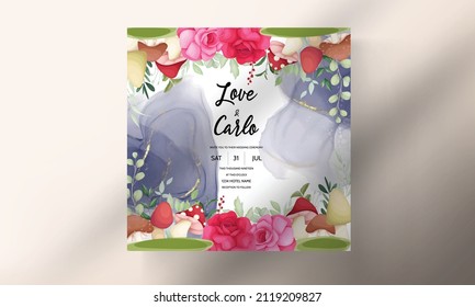 Beautiful hand drawn roses and mushroom wedding invitation card set