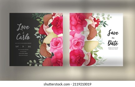 Beautiful hand drawn roses and mushroom wedding invitation card set