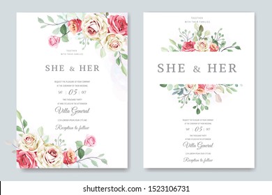 beautiful hand drawn roses wedding invitation card set