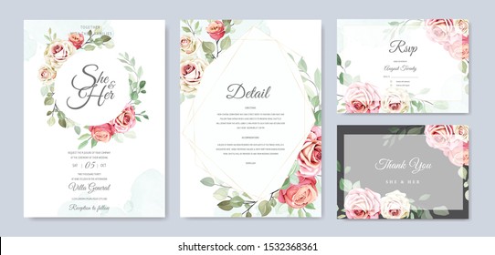 beautiful hand drawn roses wedding invitation card set