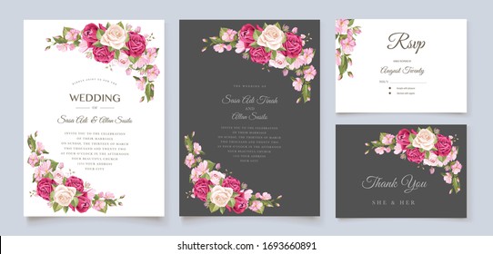 beautiful hand drawn roses wedding invitation card set