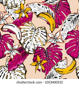 Beautiful Hand drawn seamless pattern with tropical outline and palm leaves on sweet pink background. Black and white mix with fresh orange and yellow colorful line forest Vector sketch.