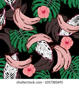 Beautiful Hand drawn seamless pattern with tropical outline and palm leaves mix with  banana hibiscus flowers  colorful hawaiian forest  Vector sketch on black background.