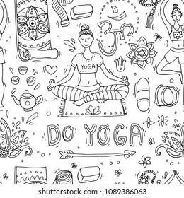 Beautiful hand drawn seamless pattern do yoga. Doodle style illustration.