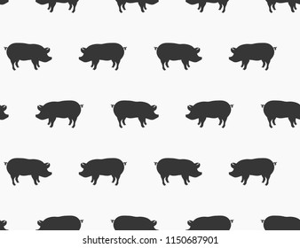 Beautiful  hand drawn seamless pattern with pigs  silhouette. Isolated on white background. Perfect vector illustration for labels, badges, t-shirt and other design.