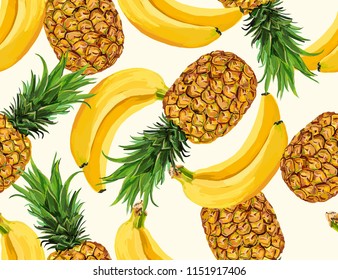  Beautiful hand drawn seamless  pattern with bananas, pineapples. Seamless vector floral pattern, summer background for fashion and all fabric on light beige background color