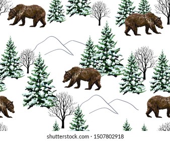 Beautiful hand drawn seamless pattern, background with bear, winter forest landscape.
