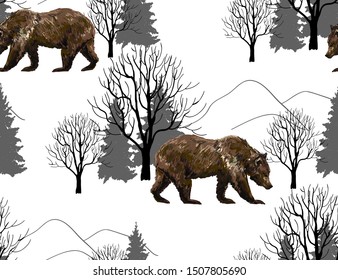 Beautiful hand drawn seamless pattern, background with bear, winter forest landscape.
