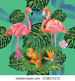 Beautiful hand drawn seamless pattern with palm leaves and flamingo