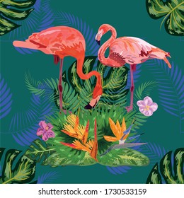 Patrón impecable dibujado a mano con hojas de palma y flamingo