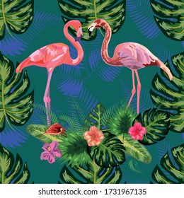 Beautiful hand drawn seamless pattern with palm leaves and flamingo