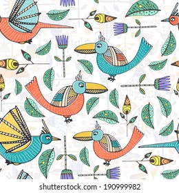 Beautiful hand drawn seamless pattern with birds and flowers made in vector. Texture can be used for web site background, on banners, invitations and on your other designs. 