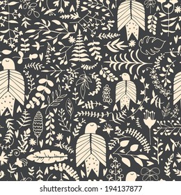 Beautiful hand drawn seamless pattern with birds and flowers made in vector. Texture can be used for web site background, on banners, invitations and on your other designs. 