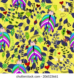 Beautiful hand drawn seamless pattern with flowers and birds and insects made in vector. Texture can be used for web site background, on banners, invitations and on your other designs. 
