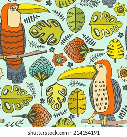 Beautiful hand drawn seamless pattern with tropical birds and flowers made in vector. Texture can be used for web site background, on banners, invitations and on your other designs. 