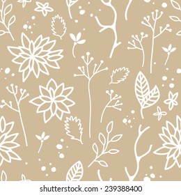 Beautiful hand drawn seamless pattern with branches, flowers and leaves. Natural vector floral background.