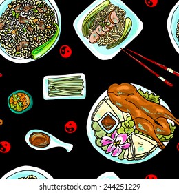 beautiful hand- drawn seamless pattern chinese food on the red  background