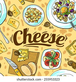 Beautiful hand drawn seamless pattern cheese top view