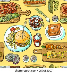Beautiful hand drawn seamless pattern cooking fast food top view