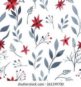 Beautiful hand drawn seamless pattern in watercolor style (paper, paint, brush) with isolated painted red flowers, grass, branches rowan berry. Winter background and wallpaper - vector illustration 