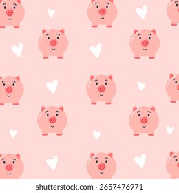 Beautiful hand drawn seamless pattern with pigs on a pink background with hearts for decoration, wallpaper, wrapping paper, fabric, background.