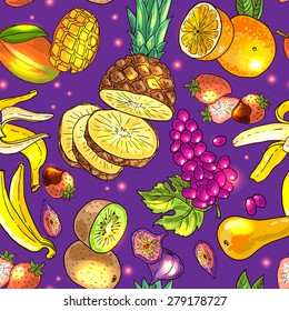 Beautiful hand drawn seamless pattern fruits on the wood textyre