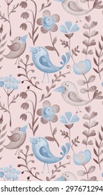 Beautiful hand drawn seamless pattern with floral elements and birds. Vector watercolor background in vintage style.