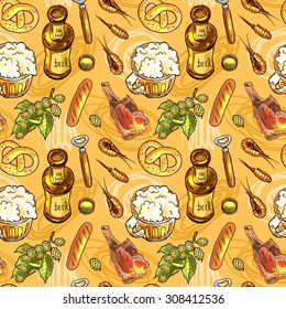 Beautiful hand drawn seamless pattern beer and snacks. Food top view.