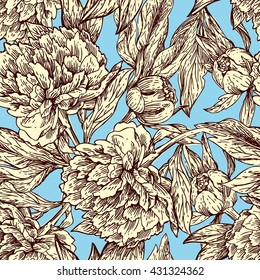 Beautiful hand drawn seamless pattern boho flowers. Flowers for boho-style  wedding invitations. Decorative floral illustration with flowers of peonies.