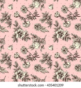 Beautiful hand drawn seamless pattern boho flowers. Patterns for boho-style  wedding invitations and linens. Decorative floral illustration with flowers of roses.